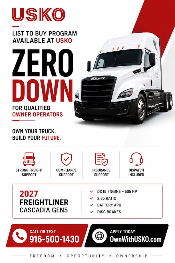 USKO ownership-program flyer: zero down for qualified owner operators on a 2027 Freightliner Cascadia Gen 5, with strong freight, compliance, insurance, and dispatch support. Call or text 916-500-1430.
